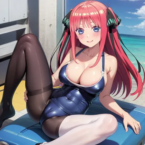 best quality, ultra-detailed masterpiece, anime art style, cute characters, nino nakano, one-piece swimsuit, large breasts, pantyhose, blush, smile, open legs