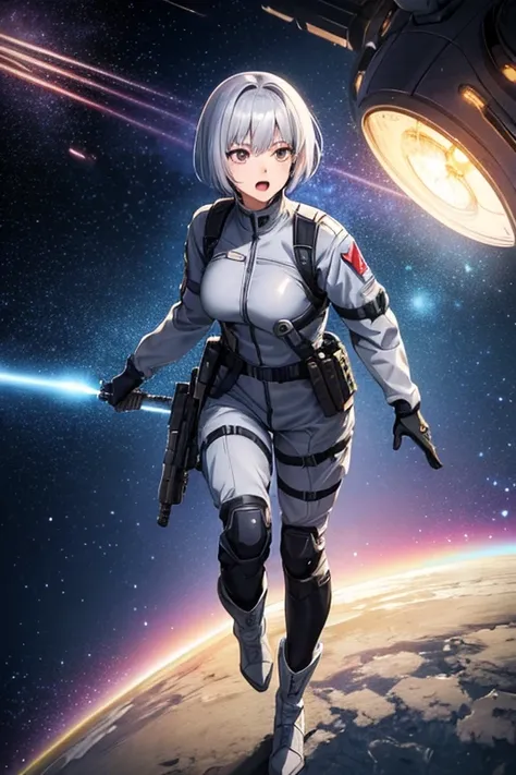 Anime Art、Full body portrait、Space Sci-Fi Soldier、The person attacking was a female soldier, about 165cm tall and about 28 years old, wearing a silver uniform.、Open mouth and screaming、Short bob silver hair、Silver Eyeilitary boots、Silver bulletproof vest、