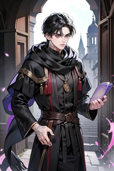 male, adult, black silky hair, grey eyes, beautiful face, handsome, tattoos, court wizard, hooded scarf, robes and trousers, rogue mage, medieval fantasy, embarrassed