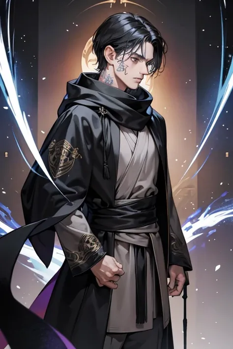 male, adult, black silky hair, grey eyes, beautiful face, handsome, tattoos, court wizard, hooded scarf, robes and trousers, rogue mage, medieval fantasy, embarrassed