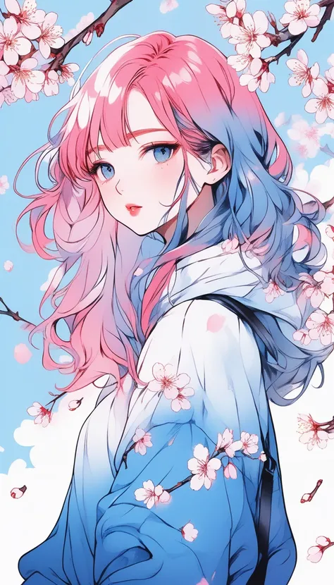 illustrator, anime , realistic ,sketch , 1 girl, ,lip, sweater,order, blue gradient background, neon hair,Textured Trim, Canadian, (masterpiece,highest quality) Good luck,cherry blossoms,pure white background,cherry blossoms