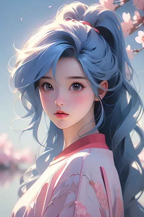 illustrator, anime , realistic ,sketch , 1 girl, ,lip, sweater,order, blue gradient background, neon hair,Textured Trim, Canadian, (masterpiece,highest quality) Good luck,cherry blossoms,pure white background,cherry blossoms