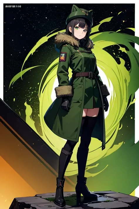 Anime Art、Full body portrait、Space SF Hunter、A Russian female hunter, about 28 years old, standing upright with her arms folded, about 160cm tall, wearing a dark green coat、Sulky look、Short bob black hair、Dark green eyes、Fur gloves、boots、Fur hat