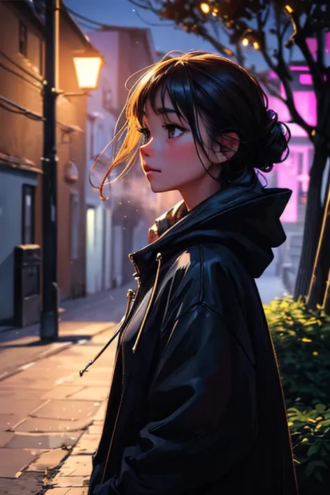 (best quality,4k,8k,highres,masterpiece:1.2),ultra-detailed,(realistic,photorealistic,photo-realistic:1.37),a woman walking with a hoodie in a deserted rural street at night,illustration,night scene,detailed face of the woman,gloomy atmosphere,faint moonli...