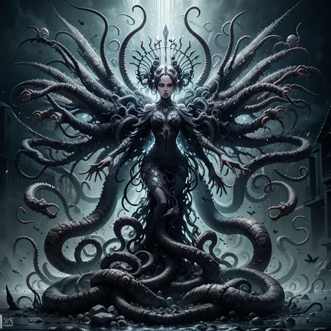 a black and white image of a woman with tentacles around her, dark goddess with six arms, lovecraftian inspiration, lolth, eldri...