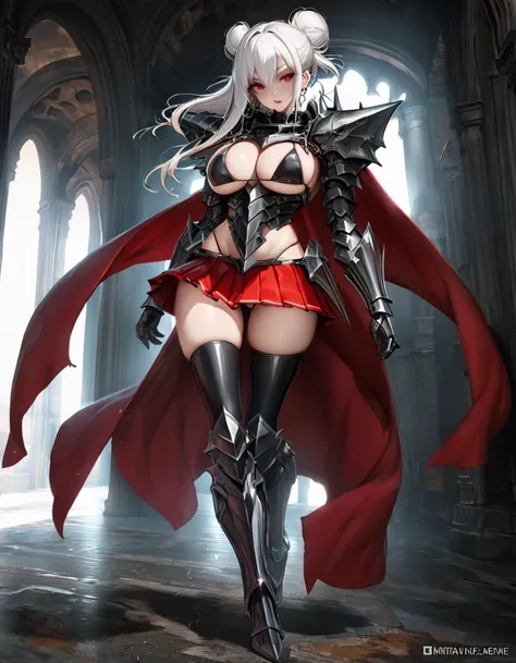 Busty White-Haired Female Dark Knight in ((((Black Full Metal)) Heavy Bikini Armor)), Red Eyes, (Thigh high Full Metal Armored Boots). (((Full Body View))), Long hair, Messy bun, (Red Cloak), (((Red Pleated Skirt))), detailed, perfect makeup, beautiful lip...