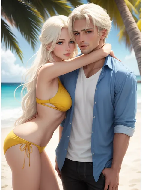 A tropical beach. A tall handsome young man is a platinum blonde with long straight white hair, clear blue eyes, he is dressed in an unbuttoned white shirt, the sleeves of which are rolled up to the elbow, and beach shorts, he hugs an incredibly beautiful ...