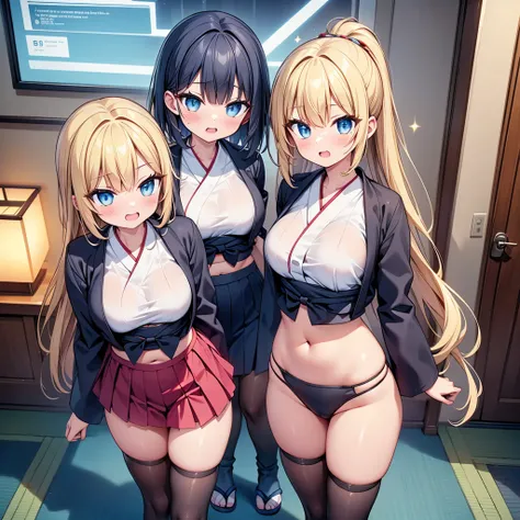 (cute eyes:1.2), (sparkling eyes:1.2), highest quality,wonderful,finely,extremely detailed CG Unity 8K wallpaper, (Stand in line:1.2), (3 girls, clothed), (japanese ninja:1.3), (midriff peek:1.2), (midium breasts), (open mouth:1.1), (long tongue:1.1), (mou...