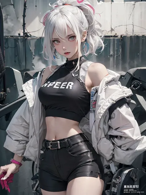 ((((dramatic))), (((gritty))), (((intense))) film poster featuring a young platinum white hair woman as the central character. She stands confidently in the center of the poster, wearing a stylish and edgy Harajuku-inspired hip hop outfit, with a determine...