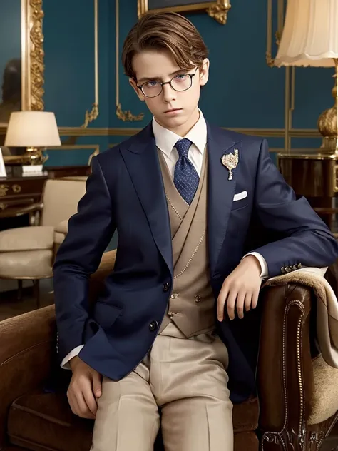 A 10-year-old boy slender light brown hair and blue eyes white skin fine features handsome boy masculine fine European features fine clothes elegant well dressed living room luxurious classic elegant dark clothes formal elegant discreet glasses look sad se...