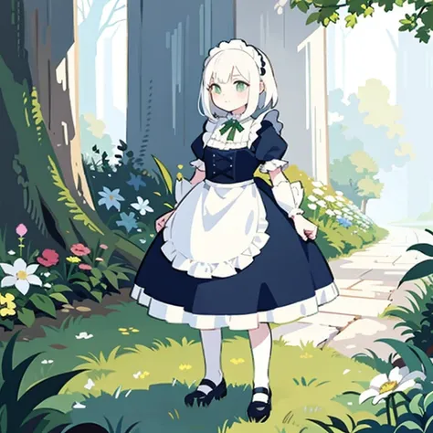 (masterpiece, top quality, best quality), pixel, pixel art, 1girl, full body, white hair, green eyes, blue maid dress