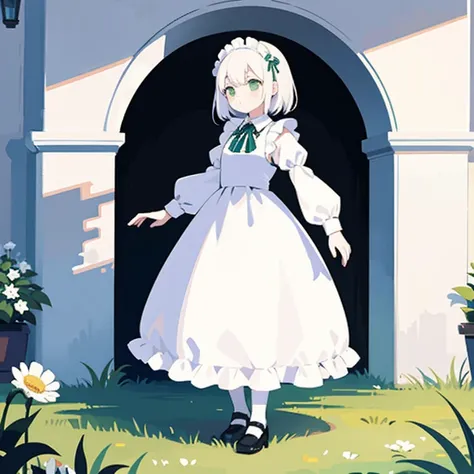 (masterpiece, top quality, best quality), pixel, pixel art, 1girl, full body, white hair, green eyes, blue maid dress