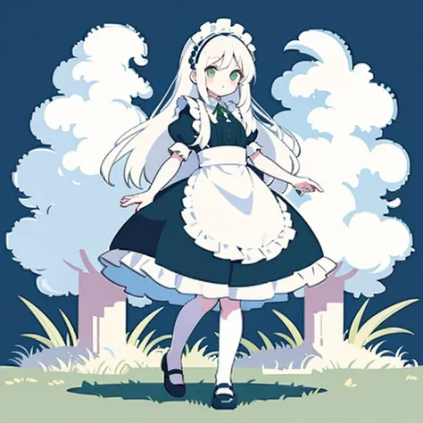 (masterpiece, top quality, best quality), pixel, pixel art, 1girl, full body, white hair, green eyes, blue maid dress