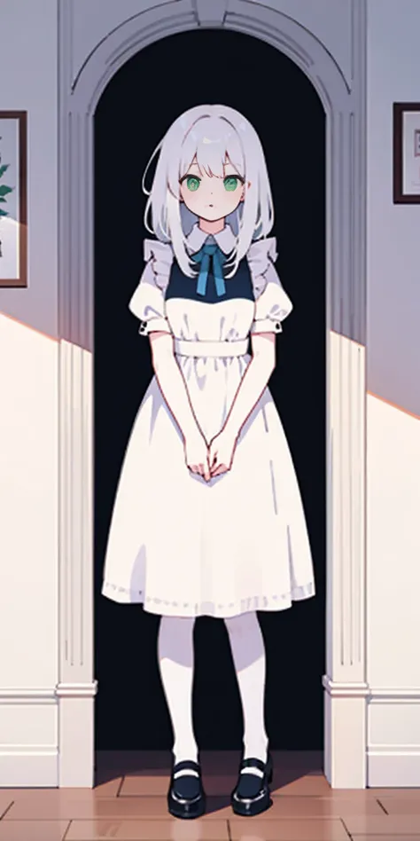 (masterpiece, top quality, best quality), pixel, pixel art, 1girl, full body, white hair, green eyes, blue maid dress