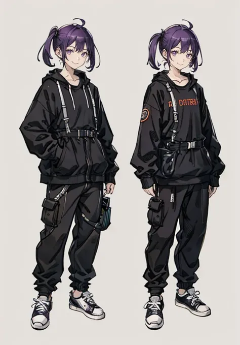 Purple Hair,Shortcuts,girl,1 person,,Harness,pants,sneakers,,cyber punk,Simple Background,smile,Full Body,full body,Portraits,Character Sheet