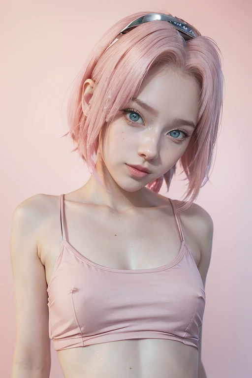 young woman, short shoulder-length pink hair, wide forehead, porcelain skin, pink eyebrows, big emerald green eyes, buttoned nose, full lips, heart-shaped face, slender body, small breasts, red tank top, Sakura Haruno , realistic, realism, details, 3d, wel...