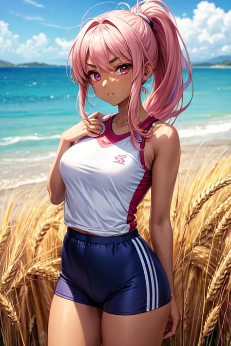 Anime beauty, anime style, brown skin, healthy wheat color, sportswear, long ponytail, tall eyebrows, pink eyes, seaside