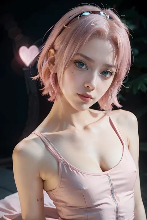 young woman, short shoulder-length pink hair, wide forehead, porcelain skin, pink eyebrows, big emerald green eyes, buttoned nose, full lips, heart-shaped face, slender body, small breasts, red tank top, Sakura Haruno , realistic, realism, details, 3d, wel...