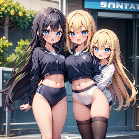 (cute eyes:1.2), (sparkling eyes:1.2), highest quality,wonderful,finely,extremely detailed CG Unity 8K wallpaper, (Stand in line:1.2), (3 girls, clothed), (gym uniform:1.1), (navy buruma:1.1), (midriff peek:1.2), (midium breasts), (open mouth:1.1), (long t...