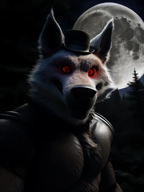 best quality, ultra high res,1furry boy， solo，detailed eyes, volumetric lighting, amazing, finely detail, white fur, red eyes, white sclera, bright pupils, bright atmosphere, muscular, upper body, from back Looking at the viewer Bowler hat (with a red robo...