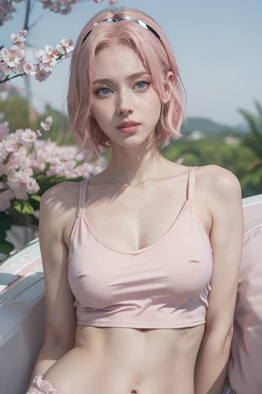 young woman, short shoulder-length pink hair, wide forehead, porcelain skin, pink eyebrows, big emerald green eyes, buttoned nose, full lips, heart-shaped face, slender body, small breasts, red tank top, Sakura Haruno , realistic, realism, details, 3d, wel...