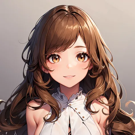 1girl, solo, upper body,
light brown hair, long hair, wavy hair, curtain bangs,
brown eyes, long eyelashes, thick eyelashes, looking at viewer,
smile,
white sexy dress,
white background, simple background,