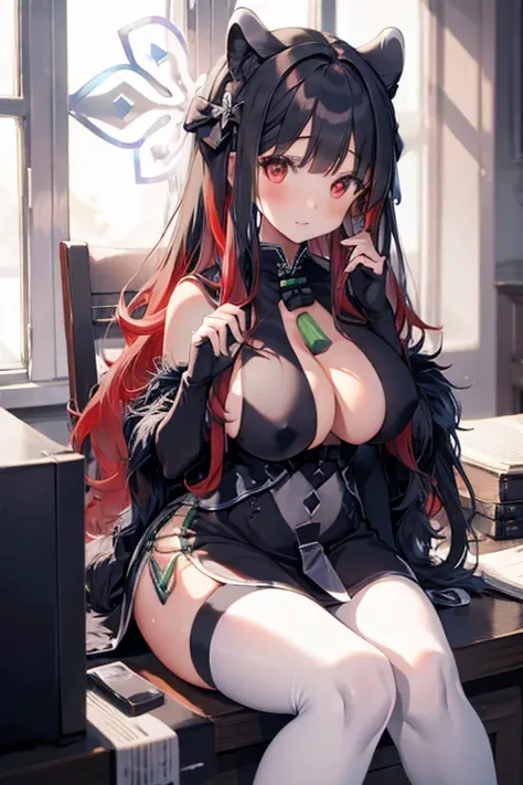 1girl, big tits++, long white hair, red eyes, red hair bow, black office dress, cleavage, long white gloves, long white stockings, black heels, demon tail with heart ending