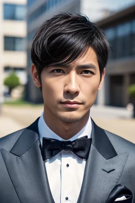 1boy, 35 years old Japanese male, (male:1.5), gray eyes, squint, (very short hair:1.3), under_cut, Pompadour, ((formal)), ((suit)), (handsome, sharp) , fierce facial features,))), (stout muscular body), (stout physique), SFW, outdoors, detailed background,...