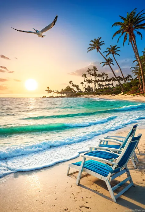 national geographic photographer:1.4, blue coast, landscape of a paradisiacal beach, palm trees, white sand, seagulls, beach cha...