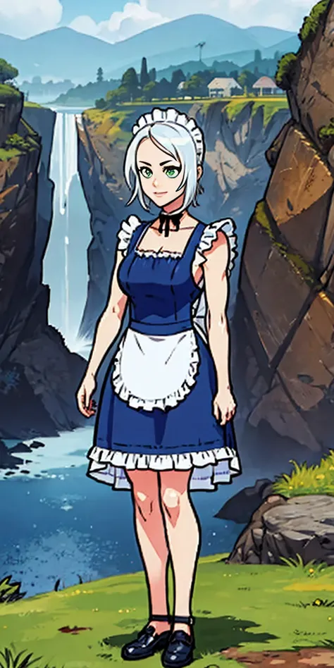 (masterpiece, top quality, best quality), pixel, pixel art, 1girl, full body, white hair, green eyes, blue maid dress