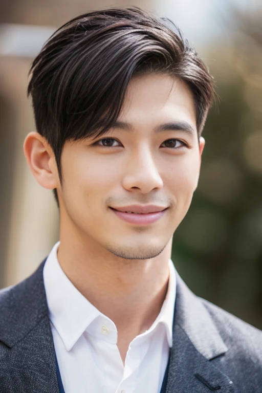 1boy, 30 years old Japanese male, (male:1.5), gray eyes, squint, (very short hair:1.3), under_cut, Pompadour,(handsome, sharp) ,smile, (stout muscular body), (stout physique), SFW, outdoors, detailed background,short beard