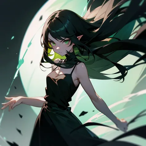 1 Girl, Dark Elf, enemy, Evil, Misanthropy, cute, beautiful, cool, Dark greenish black hair, Semi-long hair, Dark Green Eyes, Black clothing, Long dress, camisole, Use the Magic of the Wind, strong, storm, darkness, Black Background