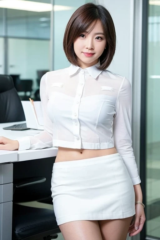 A woman with short hair, perfect face and beautiful legs wearing a white mini skirt suit works in an office