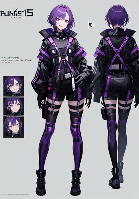 Purple Hair,Shortcuts,girl,1 person,,((Harness)),,belt,cyber punk,Simple Background,smile,Full Body,full body,Portraiture,Character Sheet