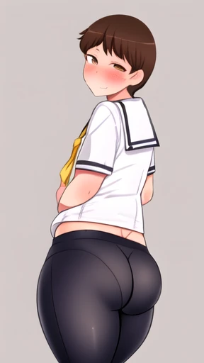 Solo, school sailor summer uniform, bike shorts, big butt, wide hips, short hair, brown hair, femboy, male boy, smug face, bratty boy, sideway, sideway perspective, masterpiece, blushing, see-through pants, visible crotch bulge, visible nipples, manga pane...