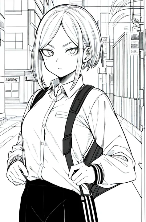 obra maestra, de primera calidad, 1 chica en, Uniformes, serious expression, una mochila, ojos negros, ciberpunk, una calle, cabello corto, dibujo lineal、con hielo my hero academia 