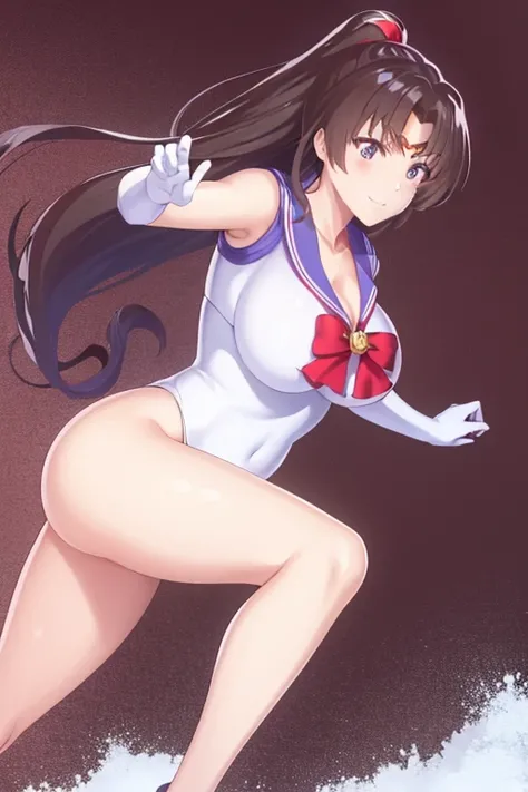 masterpiece, best quality, beautiful art, high resolution, well formed hands, body and fingers, 1 woman, solo, Sayuki  Tokihara, big breasted, cleavage, full body, gorgeous legs and thighs, smile, sexy sailor senshi uniform, sailor collar, long elbow glove...