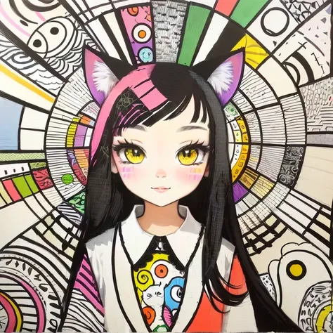 Draw a cat，There is a crayon on the head，There&#39;s a rainbow crayon on the tail, inspired by Laurel Burch, Inspired by Romero Brito, Inspired by Lisa Frank, full color绘画, Colorful graffiti art, color的, Vibrant, high-contrast colors, color, color, trippy ...