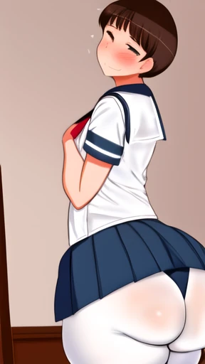 Solo, school sailor summer uniform, bike shorts, big butt, wide hips, short hair, brown hair, femboy, male boy, smug face, bratty boy, sideway, sideway perspective, masterpiece, blushing, see-through pants, visible crotch bulge, visible nipples, manga pane...