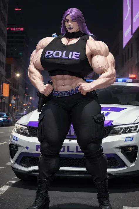 ((((Massive, tall, beautiful, buff, pale white skinned muscular policewoman with violet purple hair, black lipstick, ginormous bulky muscles, leaning near a police car and wearing a sleeveless police uniform with pants)))), close view, vascular, massive mu...