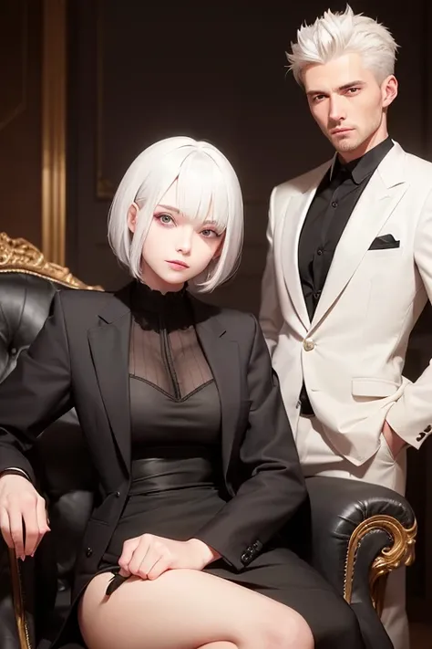 A handsome young man with white hair, gray eyes, wearing a black suit, and a woman, with red hair and green eyes, wearing a tight black dress, are sitting in a dark brown armchair.