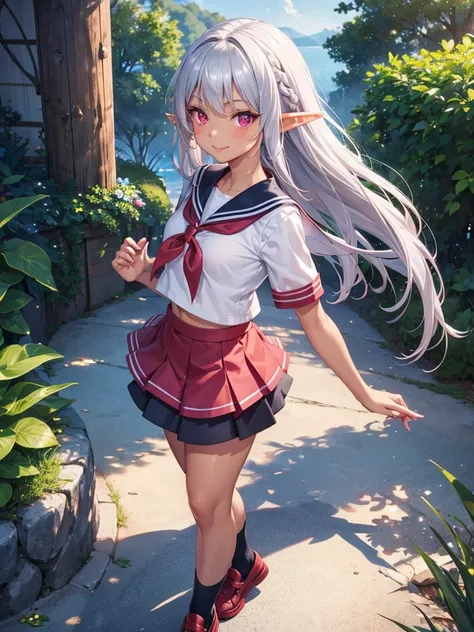 An elf woman, very dark tanned skin, beautiful silver hair, tied back, pointed ears, beautiful red eyes, pink lips, looking at the viewer, shy face, cheerful smile, masterpiece , short-sleeved sailor uniform, knee-length navy blue skirt, black socks, shoes...