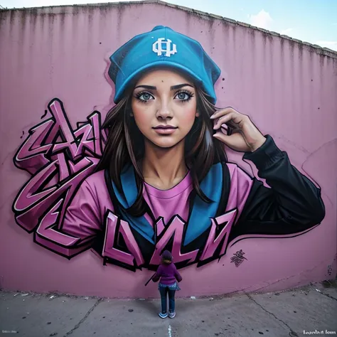 UN PRIMER PLANO DE UN GRAFFITI 3D CON LA PALABRA (((TEXT: "LAURA"))) , EL MEJOR GRAFFITI, EL GRAFFITI LO HACE UN CHICO CON ROPA URBANA, EN LA PARED DE UN EDIFICIO, LOS COLORES DEL GRAFFITI3DA SON ROSA, MORADO Y GRIS, DETALLADAMENTE REALIZADO,LETRAS PERFECT...