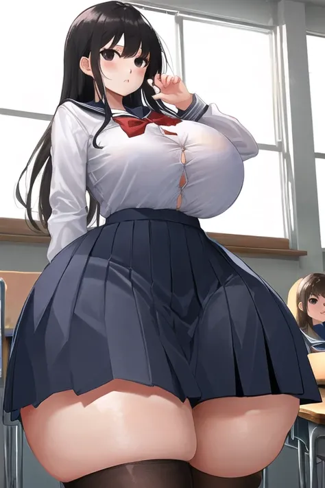 masterpiece, best quality, 1girl, (black hair, long hair, black eyes:1.2), cute, (school uniform, clothes way too small, extremely tight clothes:1.3), classroom, (curvy, slim waist, bottomheavy, gigantic thighs, extremely wide hips:1.1), (gigantic breasts,...