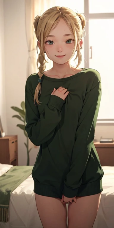 Realistic、 18-year-old girl((Grab your chest with both hands))、wearing green sweater、Small and flat chest、smile、Sexy pose、I&#39;m sweating、Redness on the cheeks、Blonde twin tail hair、In the bedroom、female masturbation,