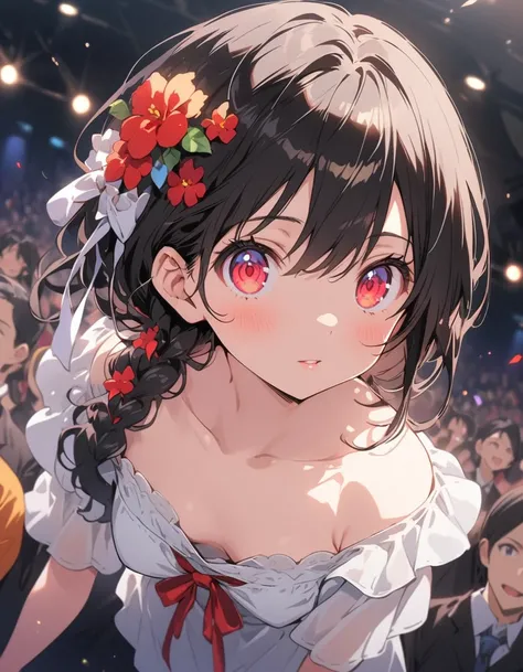 animeの女の子, , detailedな肌, Very small breasts, Black Hair, 非常にdetailed, 8kの非常にdetailedな顔, perfect face shape, Perfect Lips, Perfect Nose, Correct beautiful eyes, Audience, White shirt, Hair Flowers, masterpiece, (highest quality、masterpiece、High resolution、d...