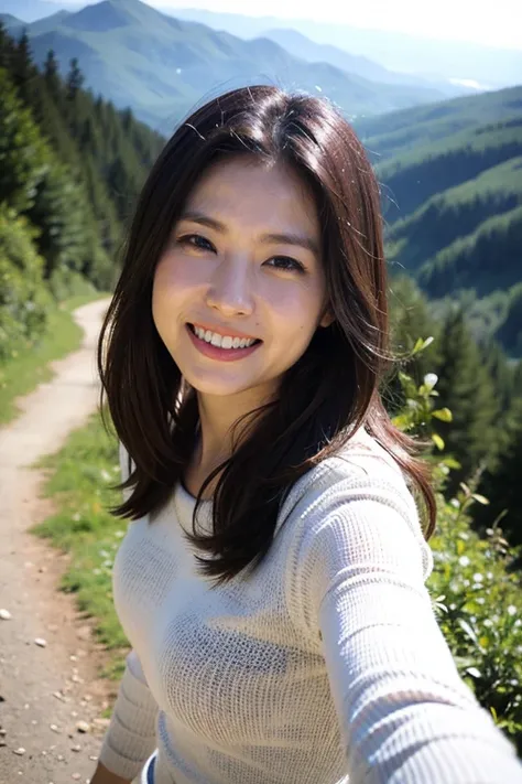 Realistic photography, Beautiful women,top of mountain,smile