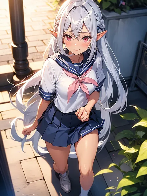 An elf woman, very dark tanned skin, beautiful silver hair, tied back, pointed ears, beautiful red eyes, pink lips, looking at the viewer, shy face, cheerful smile, masterpiece , short-sleeved sailor uniform, knee-length navy blue skirt, white knee socks, ...