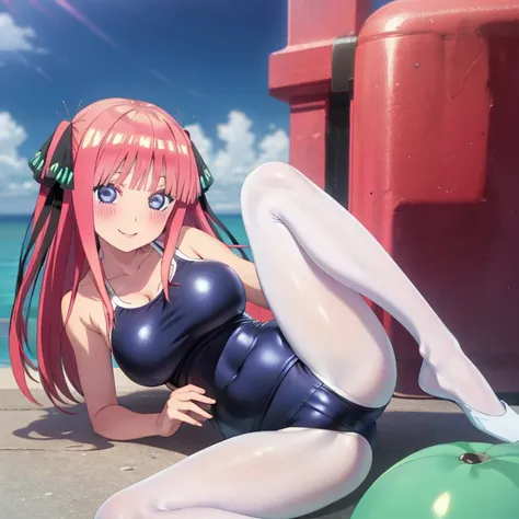 best quality, ultra-detailed masterpiece, anime art style, cute characters, nino nakano, one-piece swimsuit, large breasts, pantyhose, blush, smile, open legs