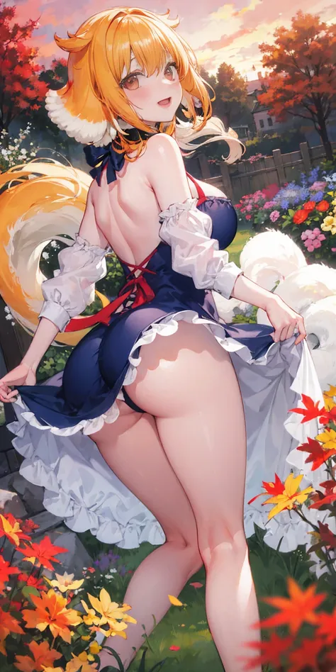 masterpiece, best quality, roxanne, dog ears, collar, sundress, looking at viewer, garden, autumn, sunset, large breasts, ass, smile edgYSD, woman wearing a sundress, very voluminous very fluffy very long dog tail, dog tail starts immediately above butt, d...